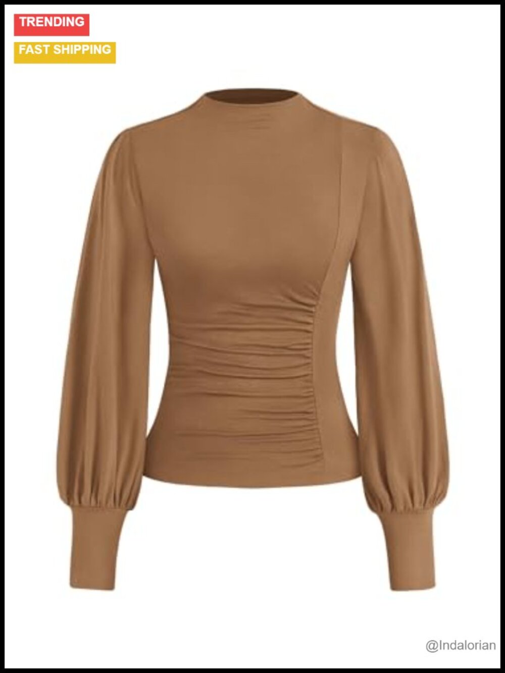 Womens Mock Neck Puff Sleeve Ruched Knit Blouse Long Sleeve Stretch Tunic Top